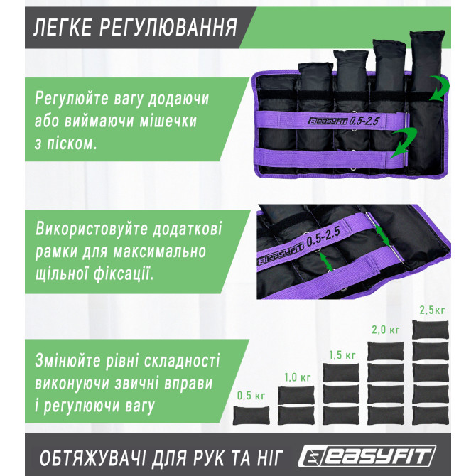 обтяжувачі для ніг та рук EasyFit набірні чорно-фіолетові 0,5-2,5 кг (пара) вартість