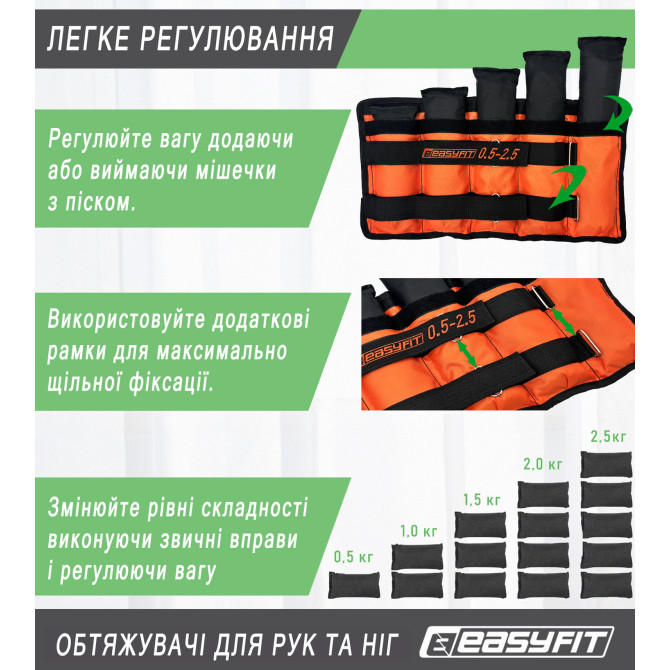обтяжувачі для ніг та рук EasyFit набірні чорно-помаранчеві 0,5-2,5 кг (пара) вартість